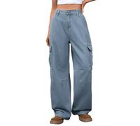 Foweknow Pantalones vaqueros holgados para mujer, de pierna ancha, pantalones de trabajo rectos, pantalones cargo ligeros, pantalones de mezclilla de gran tamaño, con botones, bolsillos, pantalones
