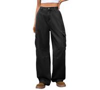 Foweknow Pantalones vaqueros holgados para mujer, de pierna ancha, pantalones de trabajo rectos, pantalones cargo ligeros, pantalones de mezclilla de gran tamaño, con botones, bolsillos, pantalones