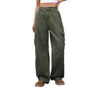Foweknow Pantalones vaqueros holgados para mujer, de pierna ancha, pantalones de trabajo rectos, pantalones cargo ligeros, pantalones de mezclilla de gran tamaño, con botones, bolsillos, pantalones