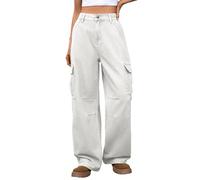 Foweknow Pantalones vaqueros holgados para mujer, de pierna ancha, pantalones de trabajo rectos, pantalones cargo ligeros, pantalones de mezclilla de gran tamaño, con botones, bolsillos, pantalones