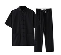 Foweknow Traje de lino para hombre chándal de verano estilo chino Tai Chi Qigong Tang traje de manga corta camisa y pantalones de dos piezas elegante casual traje de chándal de un solo color, Negro