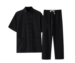 Foweknow Traje de lino para hombre chándal de verano estilo chino Tai Chi Qigong Tang traje de manga corta camisa y pantalones de dos piezas elegante casual traje de chándal de un solo color, Negro