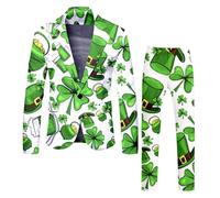 Foweknow Traje para hombre de San Patricio 'S Day Outfit Luck Of The Irish Kleeblatt Print Set Sakko Anzughose Zweiteiler Partywear Karneval Kostüm Festliche Freizeitanzug Sportlich Modern Sets