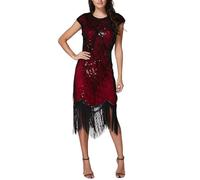 Foweknow Vestido brillante para mujer, vestido de lentejuelas, con flecos, elegante, vestido de verano, manga larga, vestido de cóctel, vestido de baile, vestido de carnaval, vestido de noche, rojo,