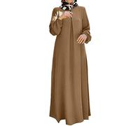 Foweknow Vestido de oración para mujer, manga larga, vestido islámico, bata de caftán, ramadán, vestido musulmán africano, manga larga, cuello redondo, vestido maxi árabe étnico ramadán Thobe, marrón