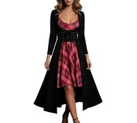 Foweknow Vestido de otoño para mujer, vestido renacentista con capa, manga larga, túnica a cuadros, vestido de suéter vintage, fiesta, festival, vestido de cóctel, vestido de fiesta, disfraz de