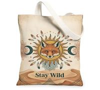 Fox - Bolsa de lona para mujer, diseño bohemio vintage con plumas de sol, color naranja, lavable, reutilizable, estética, ideas para familiares, amigos, colegas, lectura, amor, 13 x 15 pulgadas