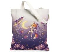 Fox - Bolsa de lona para mujer, diseño de cohete espacial y luna, color violeta, lavable, reutilizable, para viajes, trabajo, compras, librería, 13 x 15 pulgadas