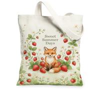 Fox - Bolsa de lona para mujer, diseño de flores de fresa, color verde, lavable, reutilizable, para compras, brunch, parque, biblioteca, excursiones, 13 x 15 pulgadas
