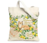 Fox - Bolsa de lona para mujer, diseño de flores de limón, color amarillo, lavable, reutilizable, ideal para compras, viajes, oficina, biblioteca, casual, 13 x 15 pulgadas