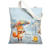 Fox - Bolsa de lona para mujer, diseño de paraguas lúdico para lluvia, otoño, azul, lavable, reutilizable, para ir de compras o brunch, Azul, 13x15 Inch
