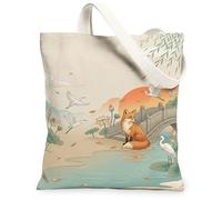 Fox - Bolsa de lona para mujer, diseño de puente sereno, lirio de agua, otoño, naranja, lavable, reutilizable, para ir de compras, brunch, parque, biblioteca, excursiones, 13 x 15 pulgadas