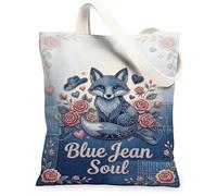 Fox - Bolsa de lona para mujer, diseño de rosas bohemias, corazones, ninguno azul, lavable, reutilizable, ideal para viajes, trabajo, compras, librería, 13 x 15 pulgadas