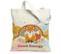 Fox - Bolsa de lona para mujer, juguetona con margaritas arcoíris, naranja, lavable, reutilizable, para viajes, trabajo, compras, librería, 13 x 15 pulgadas