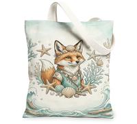 Fox - Bolsa de lona para mujer, verano, playa, estrella de mar, coral, verano, verde azulado, lavable, reutilizable, estética, ideas para viajes de compras, oficina, biblioteca, casual, 13 x 15