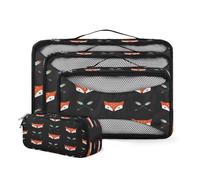 Fox Head - Juego de 4 cubos de embalaje para maleta, organizador de equipaje de viaje con flecha de zorro con bolsa de almacenamiento superior de malla para accesorios de viaje