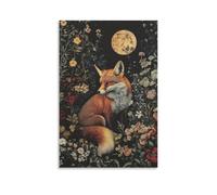 Fox In A Serene Moonlight Floral Vintage William Morris Inspired Dark Cottagecore, pinturas artísticas en lienzo, póster para sala de estar, dormitorio, baño, oficina, decoración del hogar, 50 x 75 cm
