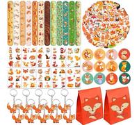 Fox Party Favors 110 PCS Fox Theme Slap Pulseras Pegatina Llaveros Insignia Tatuajes temporales Bolsas de regalo para niños Woodland Creatures Fox Fiesta de cumpleaños Baby Shower