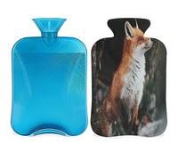Fox Winter Forests - Botella de agua caliente con funda esponjosa, 2 L, botella de zorro de gran capacidad, bolsa de agua para noches acogedoras, alivio del dolor, espalda, cuello y hombros