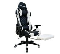 FOXSPORT Silla ergonómica para Juegos - Totalmente Ajustable con reposabrazos, reposapiés, reposacabezas, Respaldo y cojín - Función de inclinación - Máxima Comodidad. (con reposapié, Blanco)