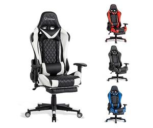FOXSPORT Silla ergonómica para Juegos - Totalmente Ajustable con reposabrazos, reposapiés, reposacabezas, Respaldo y cojín - Función de inclinación - Máxima Comodidad. (con reposapié, Blanco)