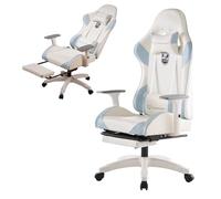 FOXSPORT Silla ergonómica para videojuegos, con pedales, altura regulable, silla giratoria con reposacabezas y cojín lumbar, inclinación 155° (azul)