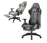 FOXSPORT Silla ergonómica para videojuegos, con pedales, altura regulable, silla giratoria con reposacabezas y cojín lumbar, inclinación 155° (gris)