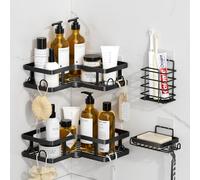 FOXWHALE 4 unidades de estante de ducha sin taladrar, estante de ducha esquinero con ganchos, soporte de gel de ducha negro con 1 soporte para pasta de dientes y 1 soporte para jabón, organizador de