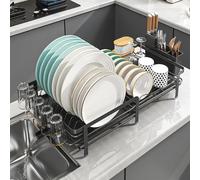 FOXWHALE Escurreplatos de vajilla - Escurreplatos ajustable con canalón giratorio 360° y bandeja de goteo extraíble - Organización de cocina para espacios pequeños (negro)