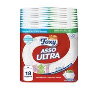 Foxy Asso Ultra Papel Cocina, 18 rollos, 3 capas Absorbentes, con diseño, Certificación FSC, Energía eléctrica renovable, Paquete reciclable producido con plástico reciclado
