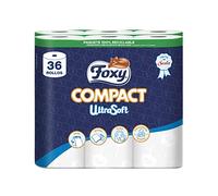 Foxy Compact Ultrasoft | Papel higiénico 36 Doble rollos | 250 servicios por cada rollo | Certificación PEFC | 100% Energía eléctrica renovable | Paquete reciclable producido con plástico reciclado