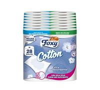 Foxy Cotton Papel higiénico, 28 rollos, 5 capas con verdaderas fibars de algodón, Certificación FSC, Paquete reciclable producido con plástico reciclado
