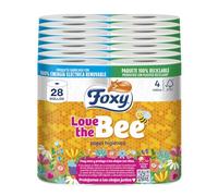 Foxy Love the Bee | 3 capas |Papel higiénico 28 rollos | 167 servicios por cada rollo | Certificación FSC | 100% Energía eléctrica renovable | Paquete reciclable producido con plástico reciclado