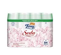 Foxy Seda | Papel higiénico 84 rollos | 173 servicios por cada rollo | Neutro para la piel | Certificación FSC | 100% Energía eléctrica renovable | Paquete reciclable producido con plástico reciclado