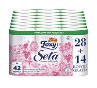 Foxy Seda | Papel higiénico neutro sobre la piel | 28+14 rollos, 28 + 14 Gratis | 216 desgarros por rollo | 2 capas de alto grosor | Papel 100% certificado FSC | Embalaje 100% reciclable blanco