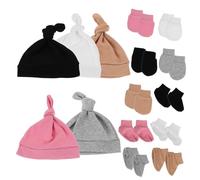 FOYTOKI Conjunto de Gorro Turbante, Manoplas y Calcetines para Ñiño Recién Nacido 0-6 Meses, Algodón para Piel Delicada, 5 Piezas Unisex, Protección contra Frío y Rasguños, Adecuado