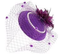FOYTOKI Tocado de Novia Vintage Plumas y Perlas, Diadema de Malla Fina en Color Púrpura para Banquete y Fiesta de Té, Accesorio Ligero para Mujer, Adecuado para Bodas y Eventos Obsequios