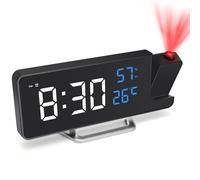 Foyucool Despertador con Proyección Alimentado por Red, Reloj de Mesilla con Respaldo por Batería, Proyector 180° Techo Pared, Cargador USB, Fecha Temperatura, para Dormitorio