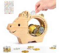 Foyucool Hucha de Madera para Niños, Hucha Ahorro para Niños Niñas, Huchas de Animales para Monedas y Dinero en Efectivo, con Pegatinas DIY, para Cumpleaños y Fiestas, Cerdo