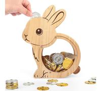 Foyucool Hucha Infantil Conejo de Madera Transparente | Hucha ahorro personalizada con pegatinas DIY, Regalo original de cumpleaños ideal para niña y niño