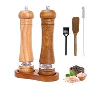 Foyucool Juego de Molinillo Pimienta Madera con Bandeja, 2 Molinillo Especias Manual, Grueso Ajustable, Rotor de Cerámica para Moler, para Chile, Lila, Pimienta, Sal, 8 Pulgadas, (Mader Marrón)