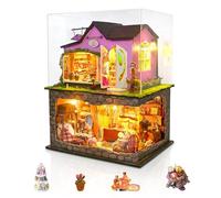 Foyucool Kit de casa en miniatura, kits de casa de muñecas con luces y cubierta antipolvo, para familiares y amigos, kit de manualidades creativo con tienda mágica de bruja de dos pisos