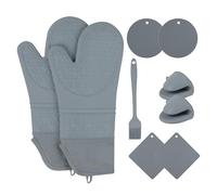 Foyucool Silicona Guantes Horno 9en1: 2 Extra Largo Manoplas Horno, 4 Posavasos (2 Redondas+2 Cuadradas), 2 Mini Guantes de Horno y 1 Pincel, Resistente al Calor, Free BPA, para Hornear, Cocinar