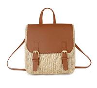 [Fpbiagoq] Mochila de paja Bolso de Mano Mochila Pequeña Moda Bolsa de Hombro Casual Vacaciones Mochila Mujeres Niñas Elegante Pequeña Playa Paja de Compras Bolsa de Cita, Marrón claro dos
