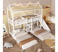 Fppuueg Litera Triple para 3 niños de 90x200cm con Techo y Tobogán, Litera Infantil de Tres Niveles con Escalera Central, Cama Literas con Estantería Abierta y Láminas de Madera, Blanco, Sin Colchón