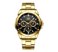 Fq-005 Reloj de pulsera de acero inoxidable dorado con cristales para hombre, Carátula negra, Casual