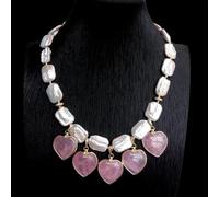 FQHIDMOMX 15x21mm Cultured White Rectangle Pearl Necklace 26mm Rose Quartz Heart Charm Pendant