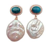 FQHIDMOMX 19mm Freshwater Cultured White Keshi Pearl Coin Shape Blue Apatite Pave Dangle Earrings