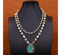 FQHIDMOMX 2 Rows White Pearl Rosary Chain Cubic Zirconia Chain Necklace Charm Green Quartz Pendant
