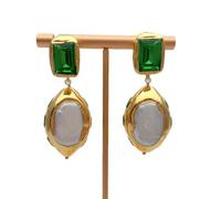 FQHIDMOMX 22x32mm Cultured White Pearl Green Crystal Gold Plated Dangle Stud Earrings